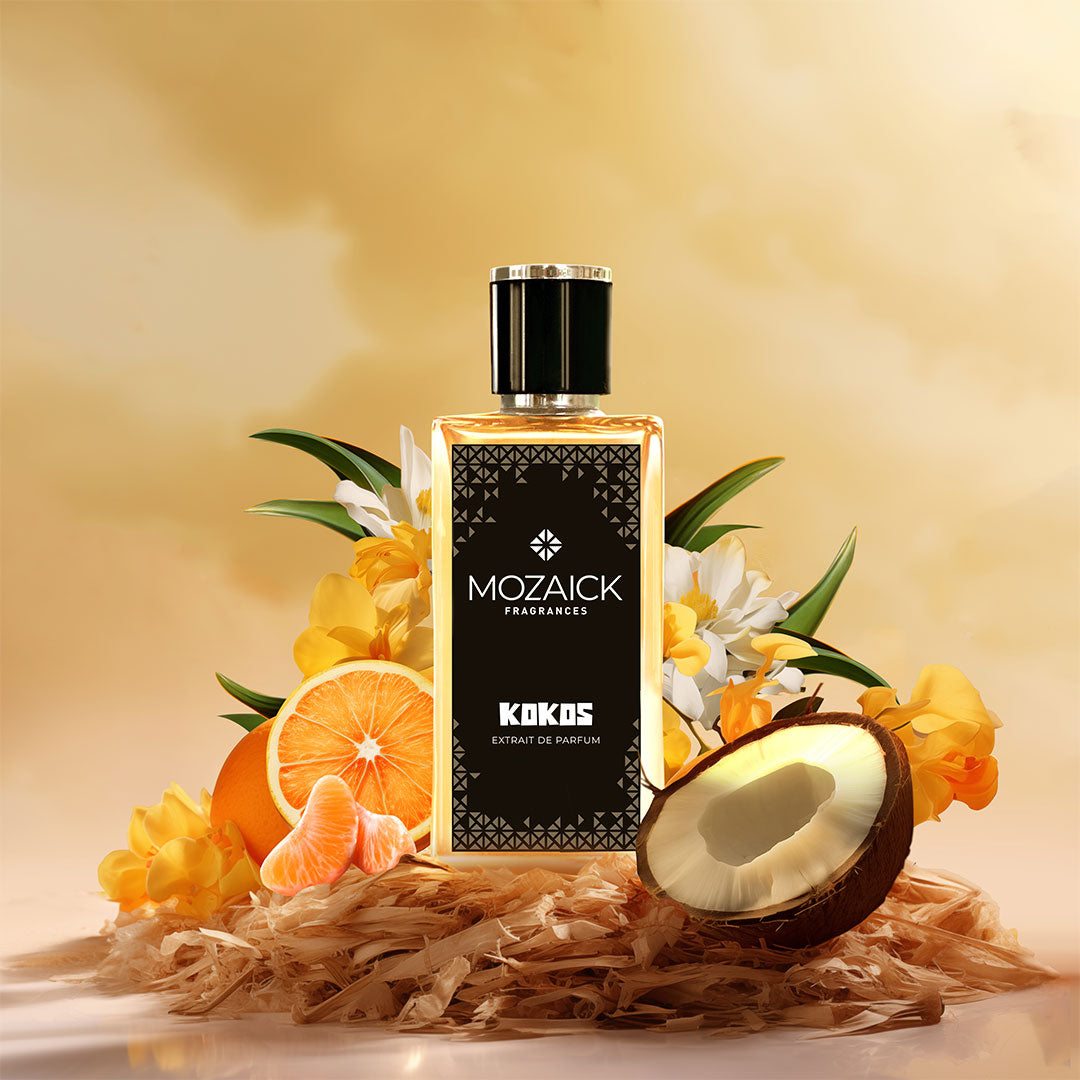 KOKOS Extrait de Parfum 50 ml by MOZAICK – bottle with orange slices, coconut and yellow flowers